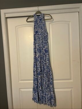1. State Blue and White Printed Halter Maxi Dress